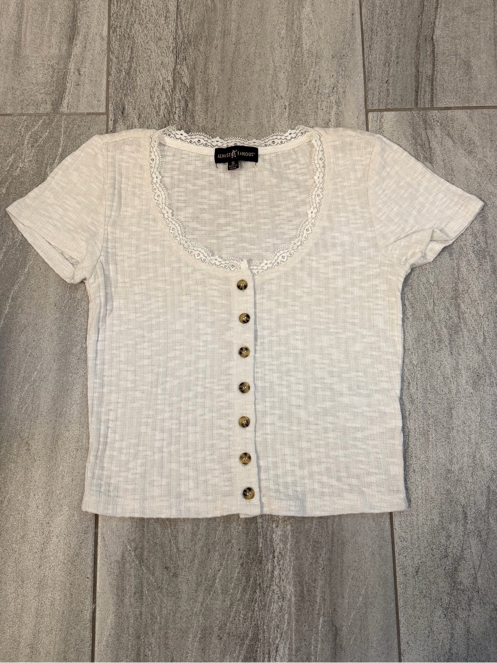 Almost Famous Cream Lace-Trim Button Front Ribbed Top